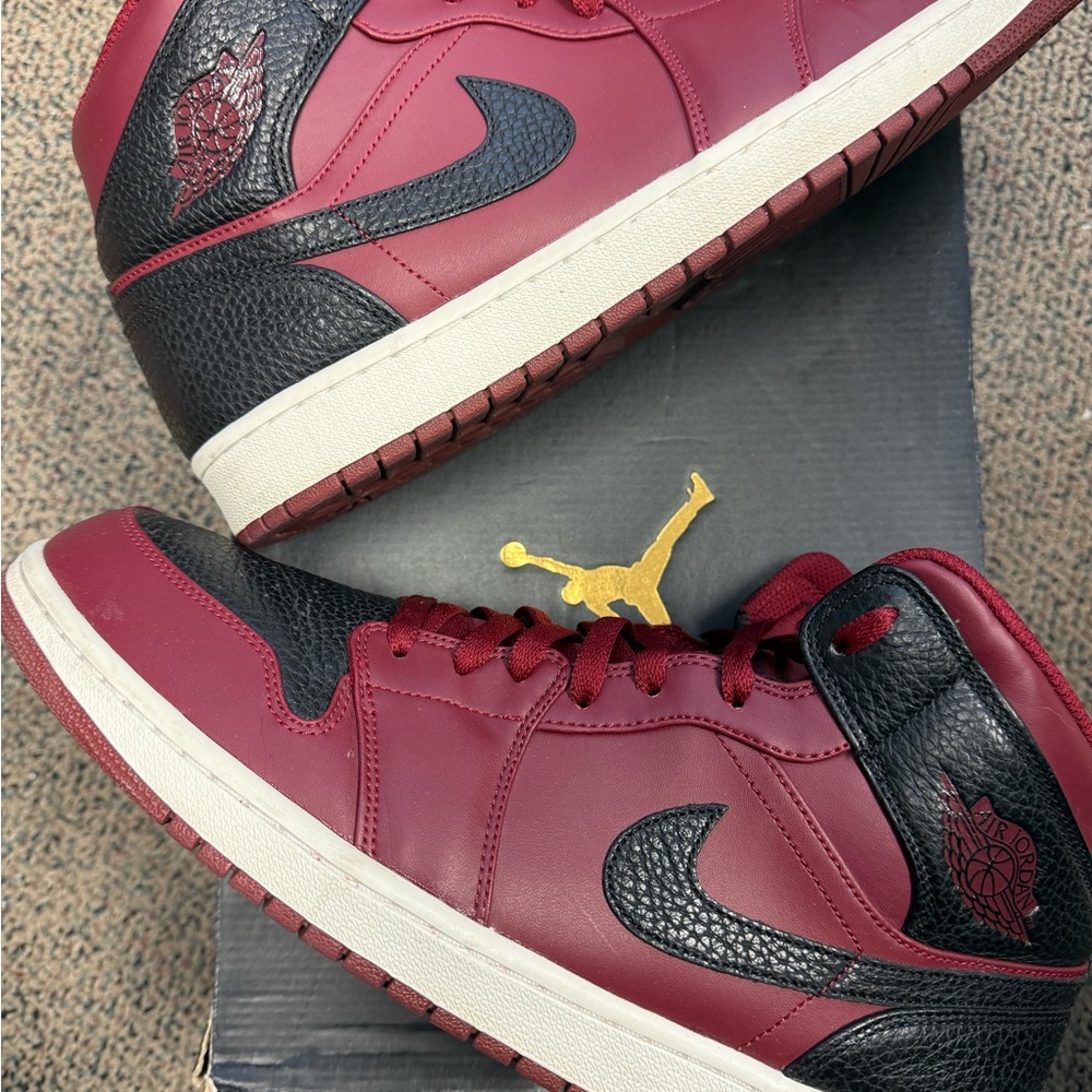 Jordan 1 Retro Mid Team Red Black - Men's Burgundy and Black Sneakers